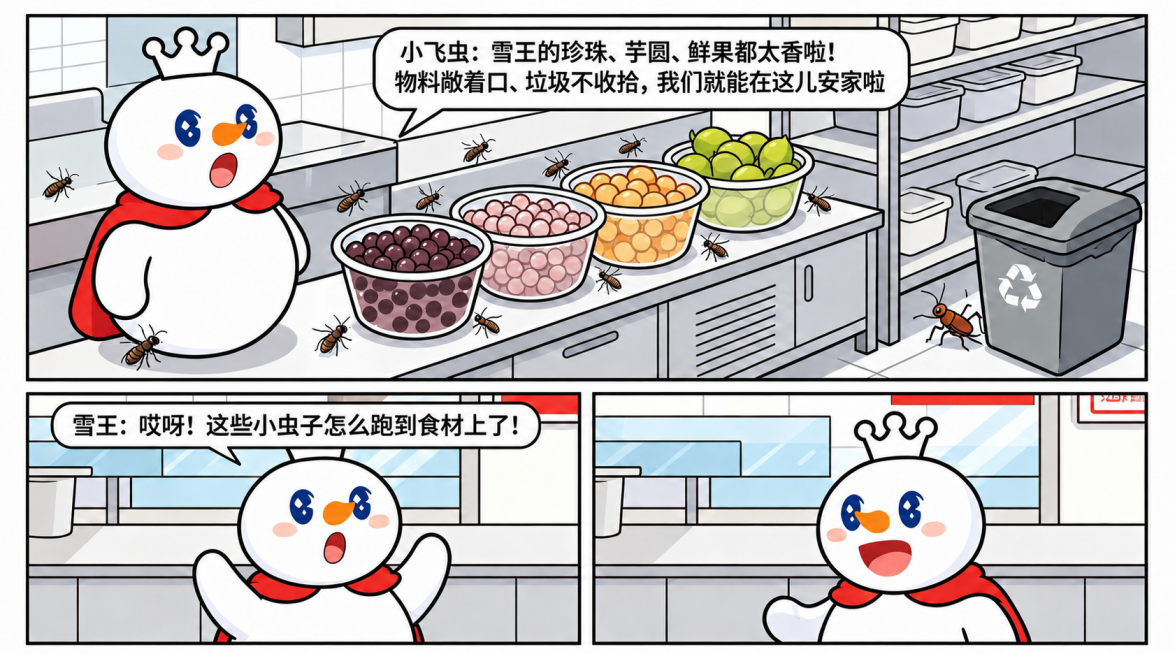 重新规整下方对话框中雪王的文案文字“雪王：哎呀！这些小虫子怎么跑到食材上了！”，让文字更工整清晰，保持对话框位置、样式和整体漫画风格不变，其他内容保留不变。预览效果