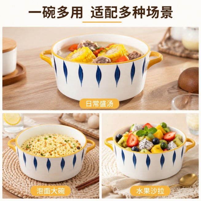 「图片1」，生成一套主图（10张），汤碗家用日式手绘双耳大碗创意餐具个性汤盆陶瓷带盖泡面碗网红   不带耳朵口径尺寸18cm  带耳朵口径尺寸23.5cm 高7.5「图片1」适配拼多多平台，主图比例为预览效果