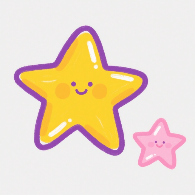 一幅涂鸦手绘风格的插画，画面中有两个拟人化的星星角色。主体是一个较大的星星，它有着不规则的五角形状，边缘是手绘般的紫色线条，内部填充着明亮的黄色，表面带有简单的白色高光和反光，显得圆润可爱，仿佛带着微笑的表情。在它的右下方，有一个较小的星星，同样是不规则的五角形状，边缘为粉色线条，内部是柔和的粉色，也有简单的白色高光。背景为纯白色，两个星星以简洁的构图分布，整体风格充满童趣和手绘涂鸦的随性质感……预览效果