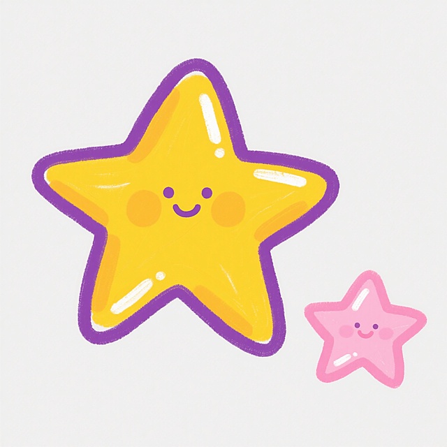 一幅涂鸦手绘风格的插画，画面中有两个拟人化的星星角色。主体是一个较大的星星，它有着不规则的五角形状，边缘是手绘般的紫色线条，内部填充着明亮的黄色，表面带有简单的白色高光和反光，显得圆润可爱，仿佛带着微笑的表情。在它的右下方，有一个较小的星星，同样是不规则的五角形状，边缘为粉色线条，内部是柔和的粉色，也有简单的白色高光。背景为纯白色，两个星星以简洁的构图分布，整体风格充满童趣和手绘涂鸦的随性质感，色彩明快活泼，线条粗犷而不失可爱。