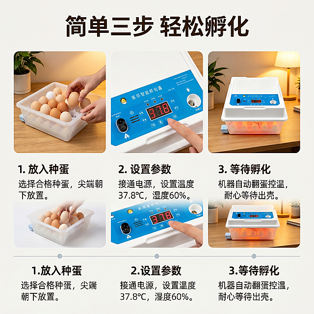 [主图 4] 全自动孵化机使用步骤说明
[氛围风格] 清晰直观，轻松易懂，保持整体风格统一
[画质] 商业摄影质感、光线均匀、步骤清晰，画面干净高级
[元素] 将画面分为三个横排区域，分别展示三个基础使用步骤：第一步放入种蛋、第二步设置参数、第三部等待孵化。每个步骤配小图和简要说明，保持产品整体外观结构颜色与原图一致。布局清晰，间距适中不拥挤
[光影] 整体光线均匀明亮，每个步骤区域光照一致，保持暖调风格
[配色] 延续白蓝主色调，浅灰色分隔线区分步骤，深色文字清晰可读
[视角构图] 每个步骤小图构图合理，整体三分构图清晰明了
[文字版式] 顶部总标题 "简单三步 轻松孵化" 加粗居中。每个步骤：序号+步骤标题+说明文字，从上到下左对齐，字号依次减小，排版工整
[比例分辨率] 1:1 比例，2k 分辨率；文字清晰锐利，画面超高清
[负向提示词] 变形，水印，文字错乱，布局混乱，遮挡主体