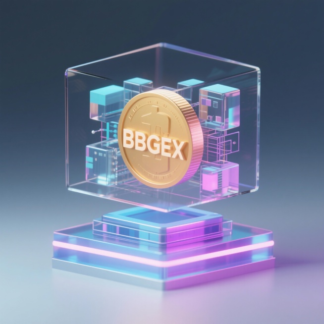 “BBGEX coin emerging from transparent data blocks, blockchain concept, soft neon lighting, modern ex预览效果