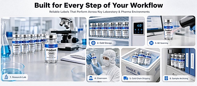 [商品] 使用【图1】的西林瓶标签产品（蓝色Your Logo条、Product、10MG、镭射银底、RESEARCH USE ONLY），保留产品原貌。产品出现在6个不同场景中，每个场景的标签均清晰可见。
[画面] 页面目标：增加场景数量至6个，采用更灵活的错落式排版（大小不一的照片墙/拼贴风格），不死板。构图：顶部大标题+副标题，下方6个场景以大小不一的圆角矩形照片拼贴方式排列，有主有次、错落有致，形成视觉节奏感。6个场景：1. 实验室工作台（主图，最大）；2. 冷链冷藏仓储；3. 质检扫码；4. 洁净室无菌操作；5. 运输/冷链箱包装；6. 样品归档/试剂柜存放。每个场景角落或下方有简洁的场景名称标注（小字+小图标）。背景浅灰#F0F2F5。
[视觉] 套系策略：风格=跨境专业生活方式摄影拼贴风；标题字=现代无衬线超粗体；正文字=简洁无衬线体；主色=浅灰白；背景延展=浅灰白渐变+细腻颗粒；强调色=产品亮蓝色（用于小图标、标注标签）；标题色=深藏青近黑；正文色=中深灰；组件=大小错落的圆角照片、半透明白色场景标注条、蓝色小图标；光影=每个场景有独立真实光影，整体色调统一冷白专业感。
[文字] 顶部大标题"Built for Every Step of Your Workflow"，副标题"Reliable Labels That Perform Across Key Laboratory & Pharma Environments"。6个场景标注（简洁小字）：1. Research Lab；2. Cold Storage；3. QC Scanning；4. Cleanroom；5. Cold Chain Shipping；6. Sample Archiving。每个标注配对应小图标（显微镜/雪花/扫码枪/洁净服/货车/档案柜）。所有文字横排，英文地道。
[规格] 图片比例约16:7横版，分辨率4K，负向提示：避免排版规整死板、场景重复、产品标签不清晰、中文出现。
