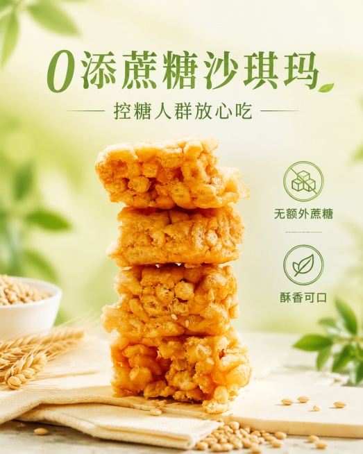 移动端商品营销海报，使用原图产品，100%还原原图中的沙琪玛外形、结构、颜色和质感。设计仅修改背景和添加文案，背景为浅绿浅米色自然健康风。主文案为"0添蔗糖沙琪玛"，副标题为"控糖人群放心吃"，卖点标预览效果