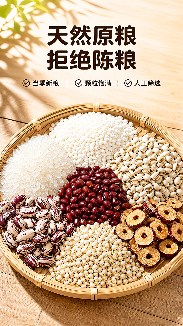 使用商品详情页技能根据商品图「图片1」「图片1」「图片1」「图片1」「图片1」生成详情页，参考图为，商品名称为赤豆薏仁粥，卖点为优势 1：原料严选，拒绝陈粮；优势 2：精心配比，口感稳定；优势 3：独立包装，储存方便；优势 4：便捷操作，多种食用方式；5：源头工厂，可定制，适配平台为淘宝/天猫，图片比例为9:16，需求屏数为8张，适用场景（750×600px） 🏪 早餐店 / 便利店：出餐快、口感稳定，标准化操作，降低后厨人工成本，适合长期稳定供货。 🛒 电商 / 直播分销：自带 “轻养、便捷” 属性，易种草、高复购，适合家庭早餐、懒人代餐赛道。 🎁 企业团购 / 福利：可定制企业专属包装，作为员工福利、节日礼品，实用又贴心。 👨‍👩‍👧‍👦 家庭自用：一周早餐不重样，搭配其他杂粮粥组合，营养均衡又省心。