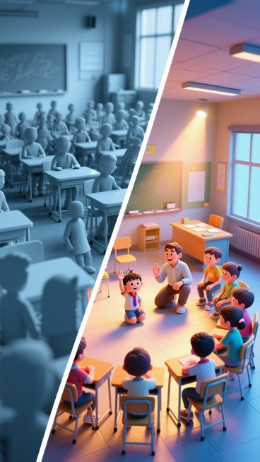 画面构图：
左右分割对比画面。左侧为冷色调、模糊的公立大班课堂，右侧为暖色调、清晰的机构小班课堂。
左侧：
冷灰蓝色调，光线平淡
模糊的学生群体剪影，课桌椅密集
一个孩子的小小举手动作几乎被淹没在人群预览效果