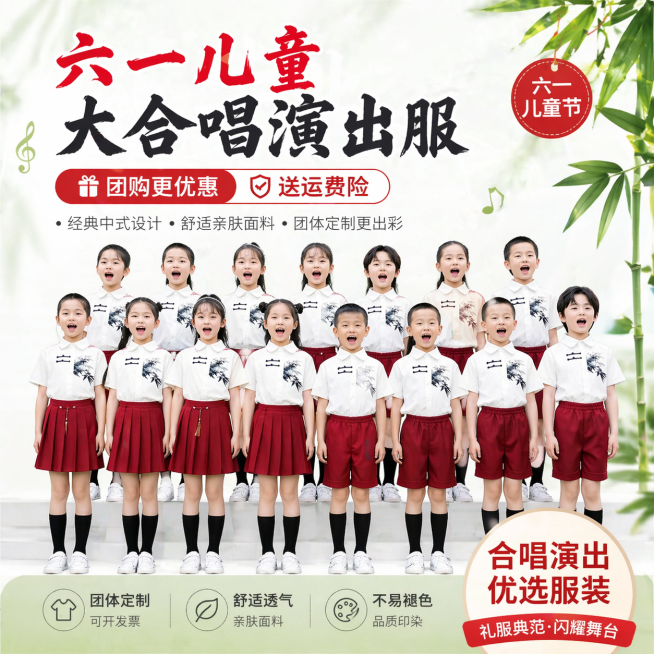 淘宝主图，简约风格，六一儿童合唱演出服，主题为六一儿童节合唱演出，服装是白色短袖衬衫搭配酒红色短裙和酒红色短裤，中式水墨竹子印花，展示多人团体大合唱穿着效果，排版吸睛，添加醒目的文案"六一儿童大合唱演预览效果