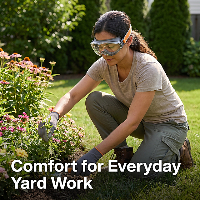 Create a realistic TikTok Shop US lifestyle image showing a person wearing the reference's clear protective safety goggles while kneeling in a backyard garden and pulling weeds near flower beds. Do not change the product structure, color, lens shape, strap design, or foam padding. Keep the goggles exactly consistent with the reference product. The goggles should look comfortable and lightweight, with the strap visible and the fit secure around the eyes. The overall mood should feel practical, clean, and suitable for everyday home yard work. Add minimal English text: "Comfort for Everyday Yard Work". Style: realistic outdoor home scene, natural sunlight, product-focused, clean and modern. Size: 1:1 square, 800x800px. Negative: no Chinese text, no watermark, no logo, no medical claims, no cluttered background.