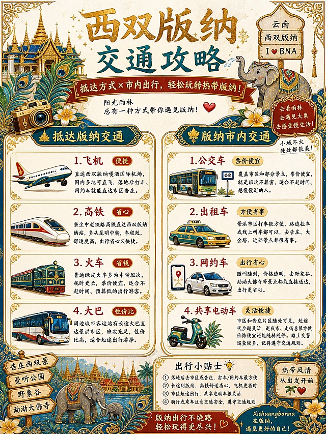 重新排版并整体更换配色方案。将这张西双版纳交通攻略海报从原来的绿色热带雨林手绘风，改为傣泰金蓝+米白的异域民族风配色。主色调：金色、孔雀蓝、泰式红、米白色底。装饰元素融入傣泰建筑纹样、金箔质感、孔雀羽毛、大象纹样等民族元素。重新设计版式布局，左右两栏更均衡，交通图标重新配色，卡片采用金色描边+泰式纹样装饰。所有文字内容一字不变完整保留，不得改写、简化或编造。画面中所有文字内容必须与原图完全一致。版式精美，小红书种草攻略风格，竖版长图，浓郁傣泰异域民族风情。