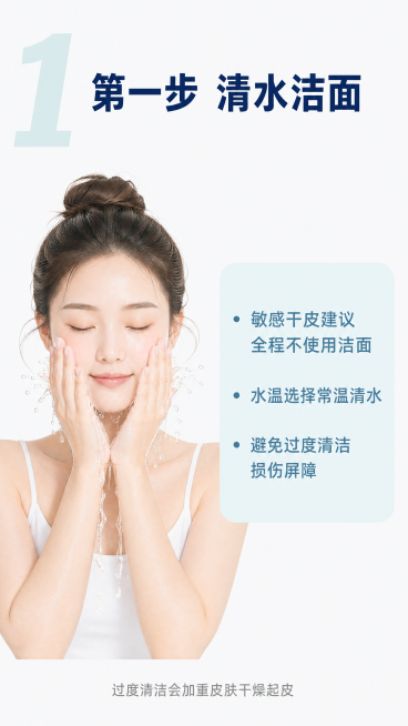 [第4屏] 第一步护理教程：清水洁面步骤讲解。
[氛围/风格] 简约步骤科普风，干净清新，浅米白底色，步骤清晰直观。
[元素布局] 顶部大数字序号+步骤标题，中间展示日常清水洁面的示意图：手捧温水轻拂预览效果