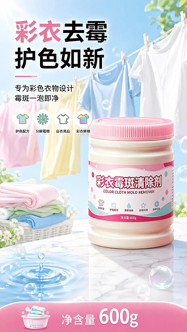 [第1屏] 详情页头图主视觉 - 彩衣霉渍清除剂产品全貌海报。本屏使用【图1】作为商品主体。
[氛围/风格] 清新洁净家居风，明亮通透，商业摄影质感，突出衣物洁净亮白的视觉效果。
[元素布局] 产品罐置于画面右侧中央，占比约55%-60%，罐体结构、粉色瓶盖、米白色瓶身、粉绿标签设计与输入产品图完全一致；左侧为干净的洗衣场景，背景有晾晒的彩色衣物和白色衣物，衣物鲜亮整洁；前景有柔和的水波纹和泡泡元素点缀；台面为浅白色大理石质感。
[光影质感] 左上方柔和自然光，右侧产品轮廓光，整体明亮通透，瓶身有自然高光反射，底部柔和投影。
[配色色系] 全局底色 #F0F7FF 淡蓝渐变；主色粉色 #F8BBD0、薄荷绿 #B2DFDB；辅助色白色、浅蓝。
[视角构图] 正面微仰视，产品为视觉中心，阅读动线左上标题 → 右侧产品 → 底部信息条。
[文字版式] 版式为左上标题区 + 右侧产品 + 底部信息条。主标题「彩衣去霉 护色如新」，副标题「专为彩色衣物设计 霉斑一泡即净」，两行黑体字左对齐；标题下方4个小图标卖点：「护色配方」「分解霉根」「白衣亮白」「彩衣鲜艳」；底部信息条标注「净含量 600g」；文字清晰不遮挡产品主体。
[比例分辨率] 9:16 竖版比例，4K 分辨率，文字清晰可辨，高清画质。
[负向提示词] 罐体变形，缺件错件，颜色偏差，水印，文字错乱，产品图模糊，背景杂乱，包装文字错误。