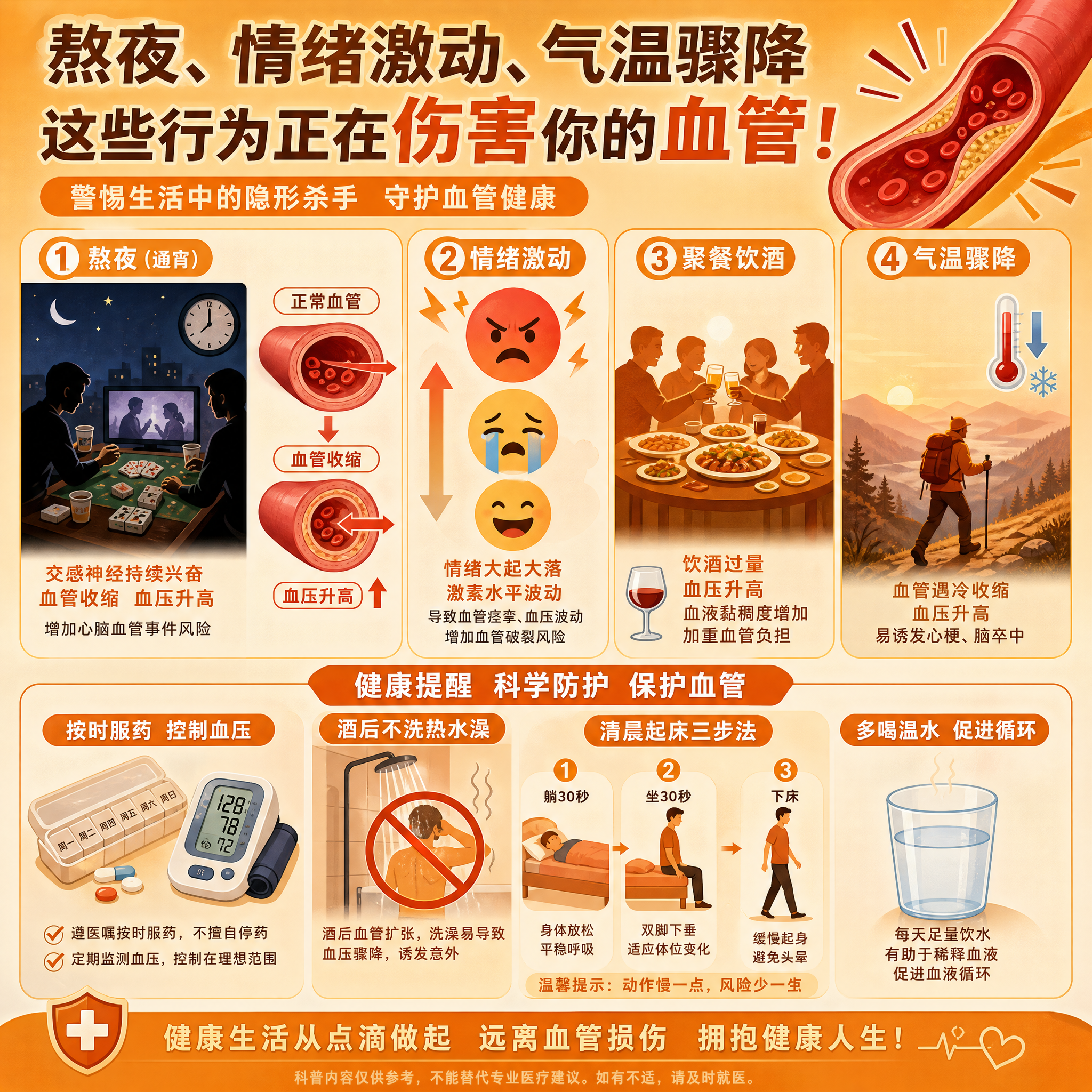 一张健康科普海报，主题为熬夜、情绪激动、气温骤降对血管的危害。… - 图片创意预览
