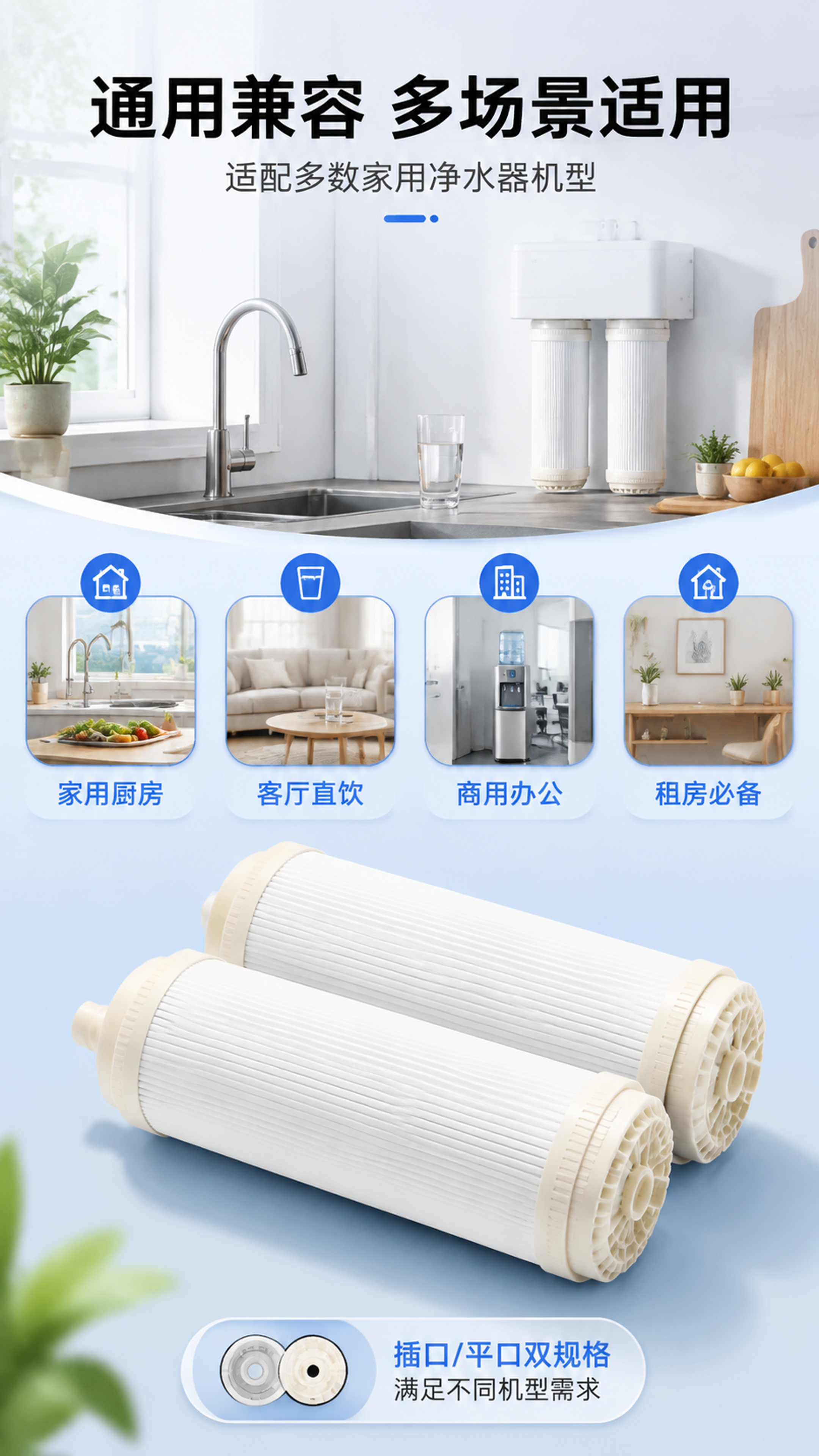 [第6张] 详情页适用场景页 - 家用净水器通用适配与多场景使… - 图片创意预览