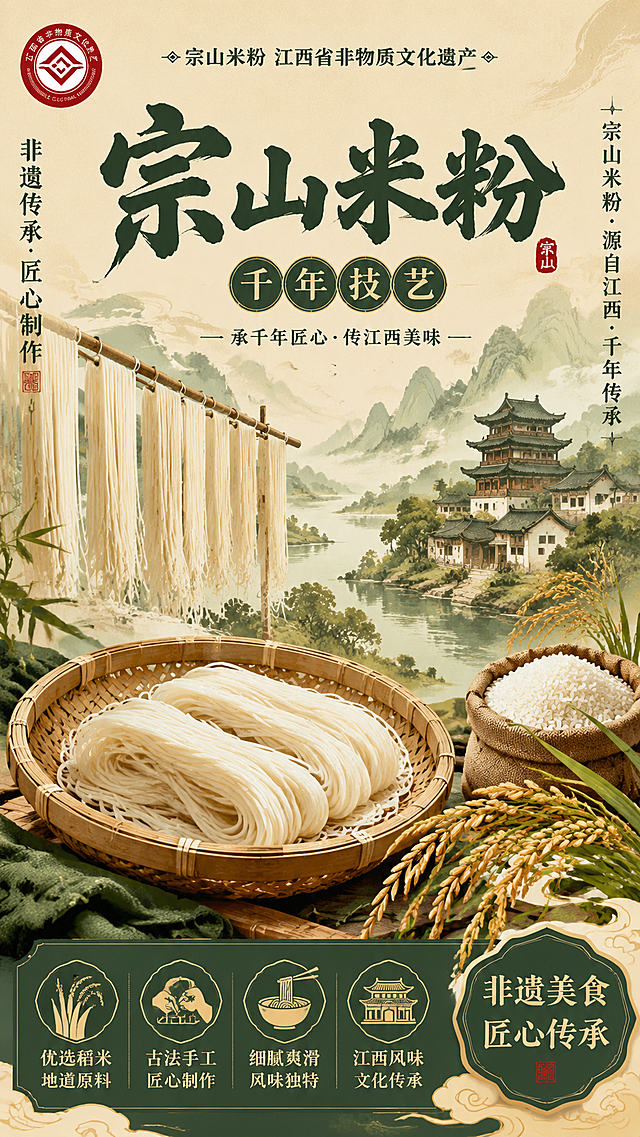 国潮古风，宗山米粉品牌宣传图，主题为“宗山米粉 江西省非物质文化遗产”，主大字“宗山米粉”，副标题“千年技艺”，左上角红色非遗标识，左侧文字“非遗传承 匠心制作”，右侧“宗山米粉·源自江西·千年传承”，画面包含米粉悬挂晾晒、竹篮里的米粉、优质稻米、山水古楼，底部卖点：优选稻米地道原料、古法手工匠心制作、细腻爽滑风味独特、江西风味文化传承，右下角“非遗美食 匠心传承”，配色为米黄山水墨绿，比例9:16，淘宝天猫H5宣传主图
