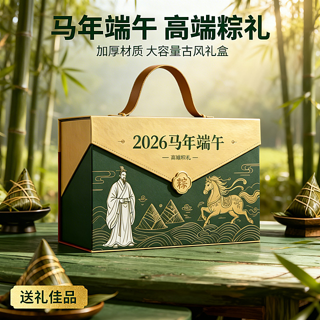 [主图 1] 马年端午古风礼盒首图，产品展示
[氛围风格] 田园治愈风，自然清新，端午氛围
[画面元素] 商业摄影质感，光线柔和通透，产品清晰真实，画面干净高级。马年端午古风礼盒居中放置，礼盒外观保持和参考图一致，放置在绿色木质桌面上，背景是朦胧的田园竹林，自然暖光洒落，整体氛围清新治愈。保留礼盒完整外观，不切割。
[配色色系] 主色调：墨绿、金色；辅助色：原木色、自然绿色，整体和谐统一。
[视角构图] 正面平视，景深适中，产品主体突出，背景虚化，整体干净高级。
[文字版式] 顶部负空间居中对齐，主副标题两行叠放，不遮挡礼盒主体。主标题 "马年端午 高端粽礼" 墨绿色最大号无衬线粗体；副标题 "加厚材质 大容量古风礼盒" 字号约为主标题一半，同色系。左下角金色色块标签 "送礼佳品" 深绿字小号，贴边留内边距。
[比例分辨率] 1:1 比例，2k 分辨率，文字清晰可辨，超高清。
[负向提示词] 变形，水印，文字错乱，产品图模糊，背景杂乱，价格信息