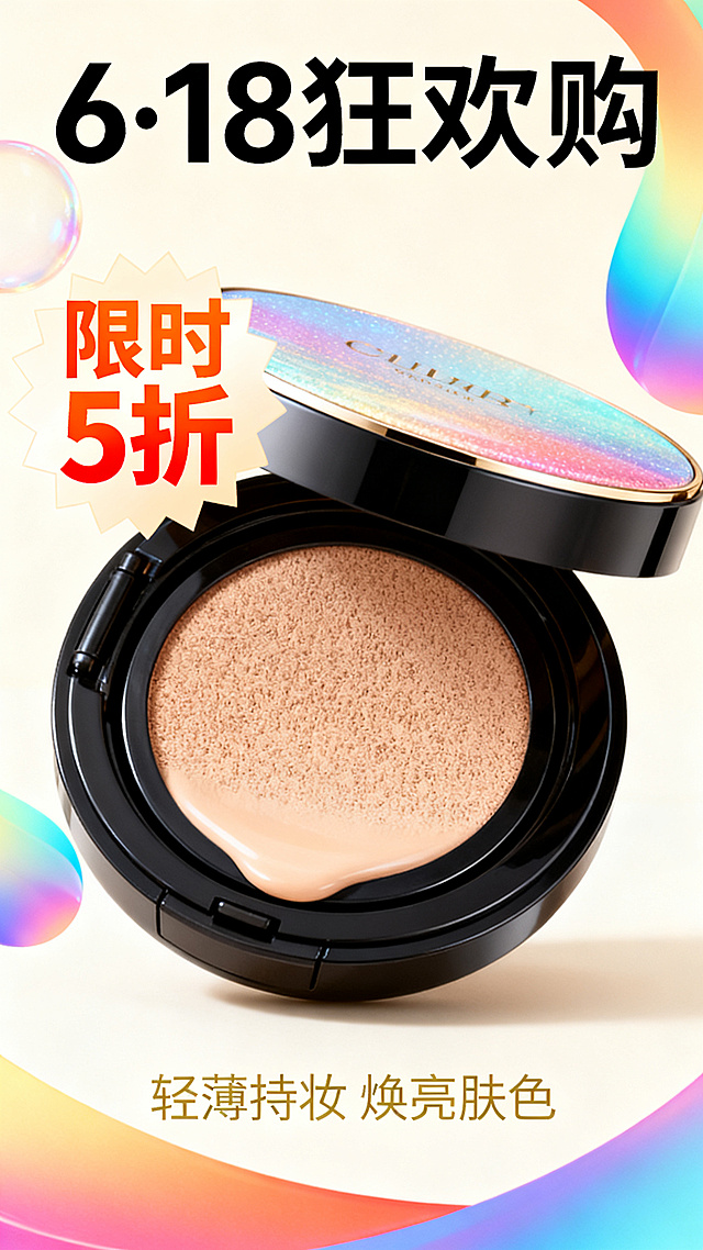 为某产品设计一款“6·18大促”主题的电商海报。提示词核心内容包括促销标签（“限时5折”）、产品主体（自选）、色彩风格（明亮活力）。对生成结果进行至少两次迭代优化（如调整产品细节、排版）。