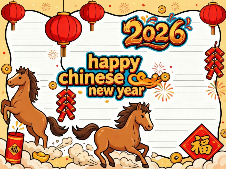 将手抄报改为横版，加入奔腾的骏马形象，添加艺术字体的"2026"，保留原有的春节元素和排版风格预览效果