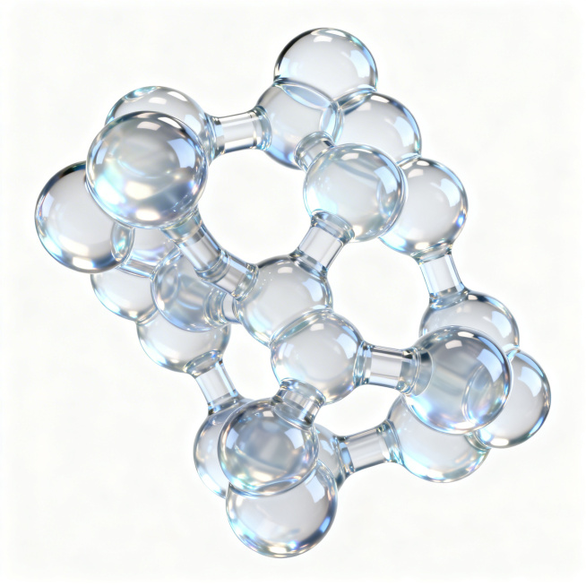 单独的大分子玻尿酸分子结构展示，分子庞大交联度高，呈现饱满立体的透明凝胶质感，纯白色背景，画面干净清晰，突出分子形态特征预览效果