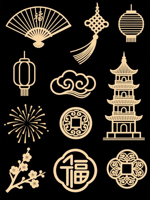 一组中国传统金色线条风格的装饰图案，包含扇形、灯笼、中国结、祥云、烟花、宝塔、古钱币、福字纹和梅花等元素，线条纤细流畅，呈浅金色，图案排列整齐，背景为纯白色，整体呈现简洁典雅的传统中国风设计感。预览效果