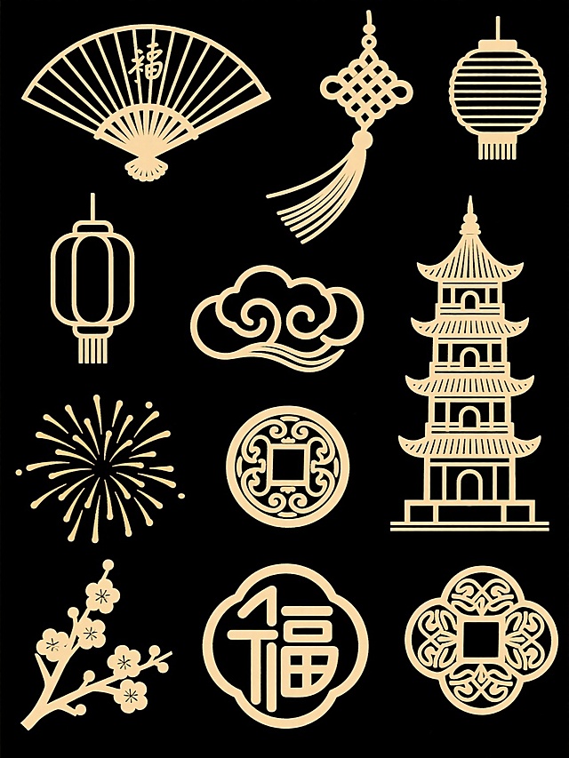 一组中国传统金色线条风格的装饰图案，包含扇形、灯笼、中国结、祥云、烟花、宝塔、古钱币、福字纹和梅花等元素，线条纤细流畅，呈浅金色，图案排列整齐，背景为纯白色，整体呈现简洁典雅的传统中国风设计感。