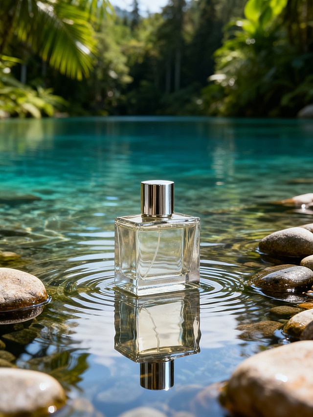 商业级商品摄影，商品漂浮在波纹粼粼的 
水面上，水的颜色参考九寨沟，周围是光滑鹅卵石和茂密的绿色热带雨林植被。**明亮的自然日光**，水面上的漫射高光，瓶身倒影**完美映在水中**（波纹轻微扭曲倒影）。梦幻宁静氛围，8K，浅景深，瓶身与倒影对焦清晰。