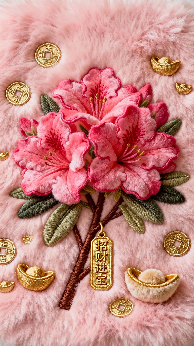 粉毛绒底，杜鹃刺绣配元宝铜钱，“招财进宝” 牌点缀，暖萌富贵，满是招财吉意