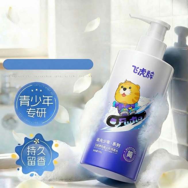 仅去掉“1洗控油去头臭”和“专解少年愁”这两行文字，保留蓝色横条、“青少年专研”“持久留香”两个图标以及背景、洗发水、泡沫、花瓣等所有其他元素，布局样式不变预览效果