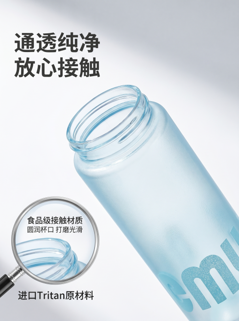 [主图 3] 进口Tritan水杯材质细节展示图。
[氛围风格] 专业品质细节感；
[画质] 商业摄影质感、光线柔和通透、产品清晰真实、画面干净高级。
[元素] 放大展示水杯杯口和瓶身部分，侧逆光打透预览效果