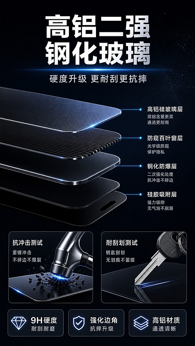 [商品] 使用【图1】黑色360度防窥钢化膜；保留产品外形；做材质分层/硬度测试示意，展示高铝二强钢化玻璃结构。
[画面] 目标：突出高铝材质的硬度与耐用性。构图：产品侧视剖面分层结构居中，展示玻璃层/钢化层/防窥层/胶层等结构；旁边配硬度测试示意（如锤子敲击、钥匙刮划）；顶部标题，底部参数说明；阅读动线从上到下；前景产品剖面+测试元素，中景深色空间，后景光效。
[视觉] 套系策略：风格=深色科技感3C数码商业摄影；标题字=现代无衬线粗黑体；正文字=简洁无衬线中黑体；主色=深邃黑+炭灰；背景延展=基于深黑做蓝紫光晕渐变、细腻颗粒质感、径向光效；强调色=冰蓝色，仅用于小面积发光线条、图标、引线和标签；标题色=纯白色；正文色=浅灰色；组件=圆角深色信息卡、细线发光引线、科技感数据标签；光影=结构层发光+冷光环境+冲击光效。
[文字] 顶部主标题「高铝二强 钢化玻璃」，副标题「硬度升级 更耐刮更抗摔」；剖面旁标注各层：「高铝硅玻璃层」「防窥百叶窗层」「钢化防爆层」「硅胶吸附层」；底部3个卖点：「9H硬度 耐刮耐磨」「强化边角 抗摔升级」「高铝材质 通透清晰」；文字均为横排。
[规格] 图片比例9:16竖版，4K分辨率，淘宝/天猫详情页适配；负向：避免变形、错字、文字过小、产品失真、暖色调、模糊、水印。