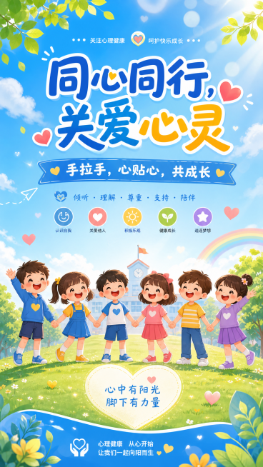 小学生心理健康主题电子海报，主题为"同心同行，关爱心灵"，口号是"手拉手，心贴心，共成长"，多个卡通小朋友手拉手，蓝色和谐配色预览效果