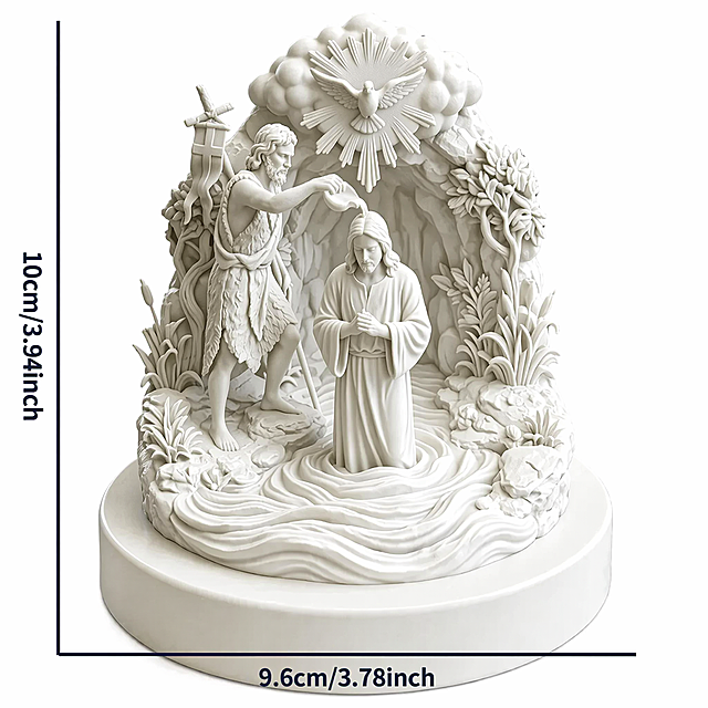 [主图-1] Jesus Baptism Sculpture product main image
[氛围风格] Clean pure white product display, religious and solemn atmosphere, natural and simple
[画质] Commercial photography texture, soft and bright light, clear and real product, clean and high-end picture, 4K ultra HD resolution
[元素] The Baptism of Jesus ornament is placed in the center of the picture, product occupies about 85% of the picture. Keep the appearance (physical structure, material texture, color) of the product absolutely consistent with the input product picture, eliminate any deformation and color difference, fine processing. Pure white #FFFFFF background, no extra elements, the picture is full screen without border.
[光影] Soft even studio lighting, main light comes from the front, highlights the product's three-dimensional sense and material texture, transition of light and shadow is natural, no harsh shadows.
[配色] Pure white background, white product, simple and consistent overall tone, highlighting product details.
[视角构图] Front flat view, product centered, complete outline without cutting, deep focus.
[文字版式] No extra text, keep the original size label on the product clear.
[比例分辨率] 1:1 ratio, 2048px * 2048px, 2K resolution, text clear and legible.
[负向提示词] Deformation, watermark, text disorder, blurred product image, messy background