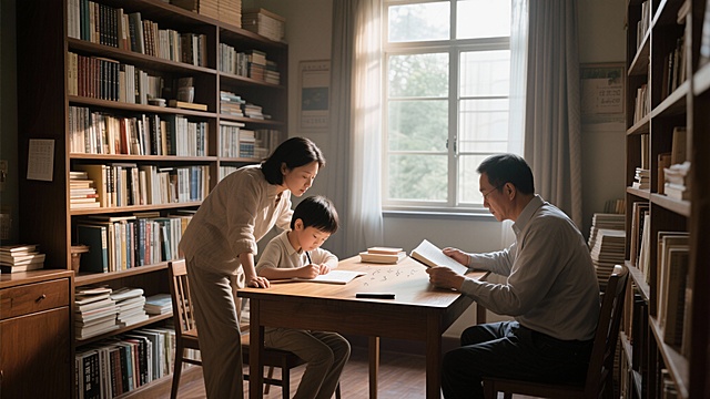 出几个中国父母陪着孩子学习的场景，要求真实拍摄，写真 比例16:9