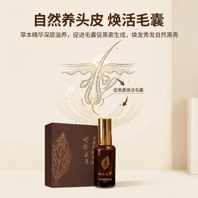 [主图 3 养发核心功效] 浅米色简约背景，中心展示歧珍益草百草墨靓泽液产品，画面上方搭配干净手绘毛囊结构示意图，用细线标注草本精华滋养路径，清晰呈现“促黑素焕活毛囊”核心原理，舒适简约家居治愈风格。预览效果