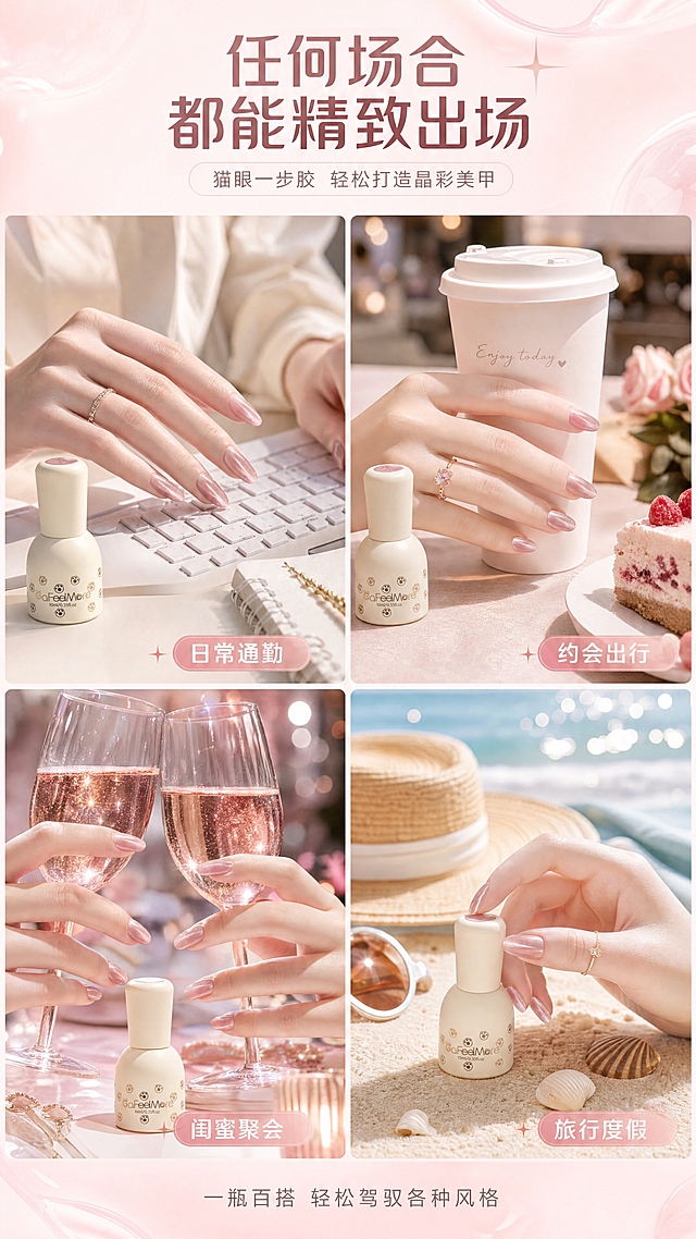 [商品] 使用【图1】GaFeelMore猫眼一步胶甲油瓶；保留奶白圆润瓶身、金色猫爪图案、GaFeelMore Logo文字、10ml/0.35fl.oz容量文字；瓶身颜色与结构不变。
[画面] 第6张·场景种草，多场景拼图型。目标展示不同场合都适合的猫眼美甲。画面为2×2四格场景拼图：左上"日常通勤"——办公桌前的手部特写，知性优雅；右上"约会出行"——手拿咖啡的手部特写，温柔精致；左下"闺蜜聚会"——举杯的手部特写，闪亮吸睛；右下"旅行度假"——沙滩边的手部特写，随性高级。每格场景中自然融入产品小瓶。参考【图2】的场景氛围与信息排版方式。
[视觉] 套系策略：风格=轻奢柔焦美妆商业摄影，通透玻璃质感+柔光氛围；标题字=现代柔美无衬线粗体；正文字=简洁无衬线体；主色=柔粉+奶白；背景延展=基于柔粉与奶白做深浅渐变、同色系层次和细腻水光/玻璃质感；强调色=玫瑰金，仅用于小面积图标、引线和标签高光；标题色=深玫瑰棕；正文色=中暖灰；组件=圆角半透明信息卡、细线引线、胶囊形标签；光影=每格场景有独立柔光，整体色调统一柔粉暖调。
[文字] 顶部主标题"任何场合 都能精致出场"，四格每格右下角有场景名横排小标签："日常通勤""约会出行""闺蜜聚会""旅行度假"；底部一行小字"一瓶百搭 轻松驾驭各种风格"。文字均横排。
[规格] 图片比例9:16竖版，4K，负向提示：避免变形、错字、文字过小、冷蓝背景、瓶身颜色改变、包装文字错乱、绝对化用语。