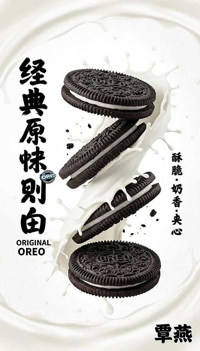 左侧用粗重字体写经典原味奥利奥，右侧竖排文字酥脆·奶香·夹心，右下方写上名字覃燕