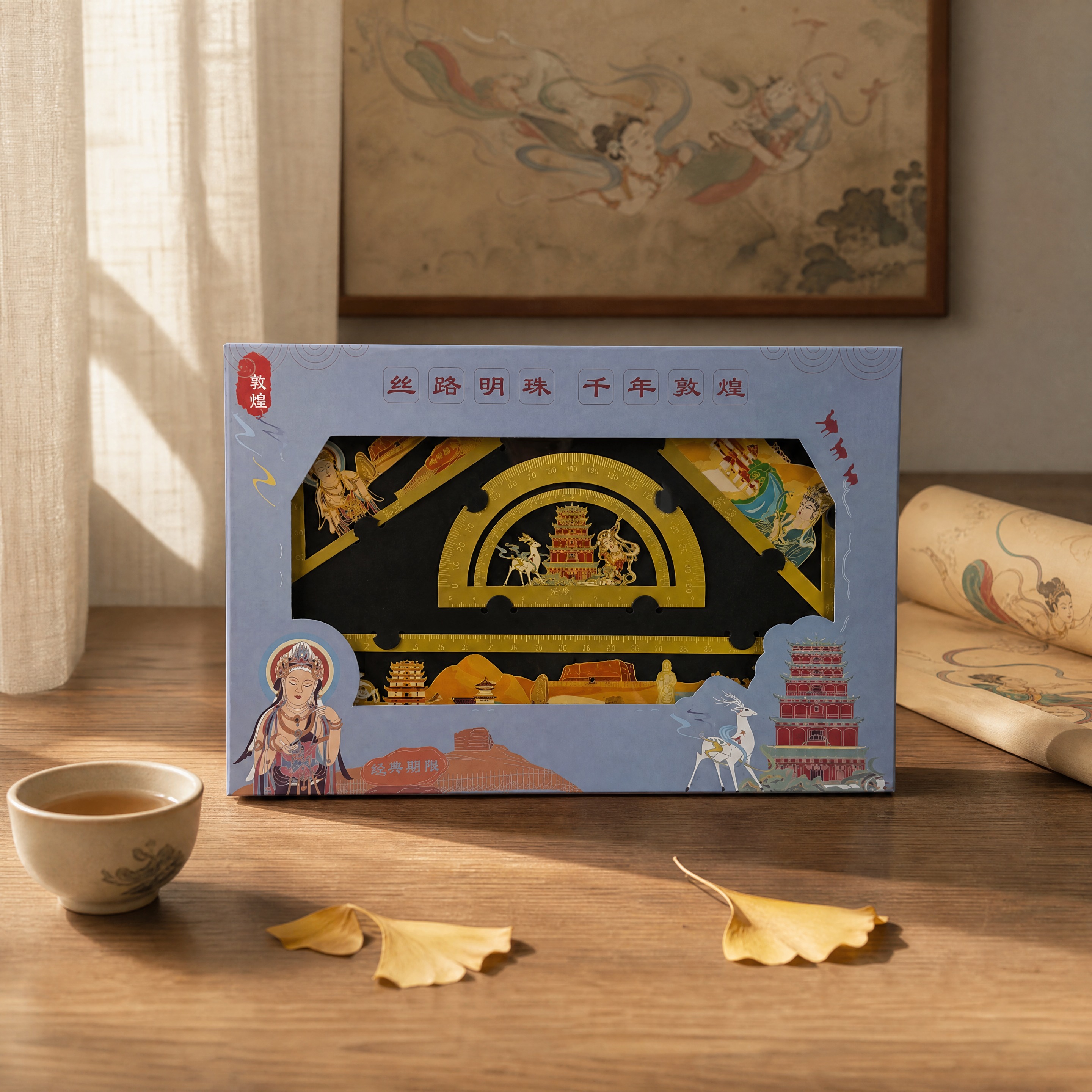 超写实文创产品场景摄影。 主体：文创套尺礼盒严格参照上传产品图… - 图片创意预览