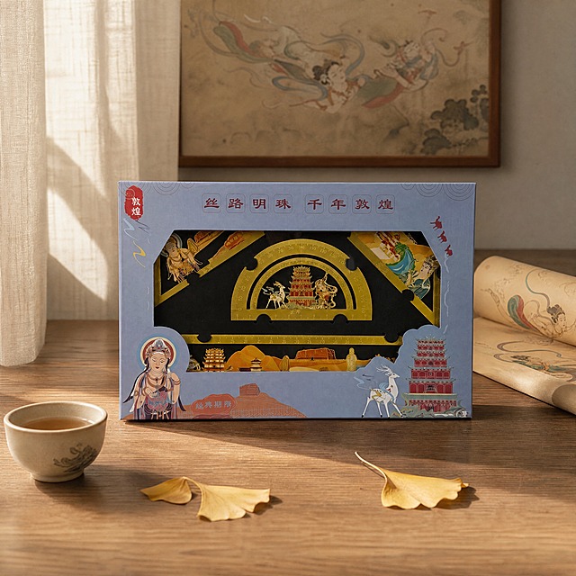 超写实文创产品场景摄影。
主体：文创套尺礼盒严格参照上传产品图，完整保留所有可见组件、部件、轮廓、结构、材质、颜色与产品本体上的文字信息（logo/图案/刻度/文字），与上传图完全一致；自然融入场景光影，与场景共处同一物理空间。产品占画面70%，完整不裁切，近景构图，背景无其他同类产品。
构图：中心对称，正面微俯15°平视。
风格：新中式国风 · 主色雾霾灰蓝 + 副色砂金。
场景概念：浅胡桃木书桌上平放礼盒，敦煌文创书房陈列氛围，静谧雅致。
承载与背景：①承载面，浅胡桃木实木书桌，木纹清晰；②背景，米白色亚麻布帘半垂，柔化光线；③远景，浅灰墙面挂一幅敦煌飞天水墨装饰画。
陪衬物：①礼盒左前方，一只粗陶浅米色小茶杯，盛半杯清茶；②礼盒右后方，一卷米黄色敦煌纹样卷轴，半展开露出飞天图案；③礼盒前方，散落两片干枯银杏叶，暖黄色。
配色/材质：雾霾灰蓝 / 砂金色 / 胡桃棕 / 米白 / 暖黄；纸质礼盒 / 实木 / 粗陶 / 亚麻 / 干叶。
光影：主光从左侧窗斜入45°，柔和漫射照亮礼盒正面，金属尺面有细腻高光；辅光为右侧暖色台灯反射，阴影柔和；木纹与纸质纹理清晰有层次。
参数：4K写实光追，商业摄影级清晰。严格锁定宽高比为1:1。