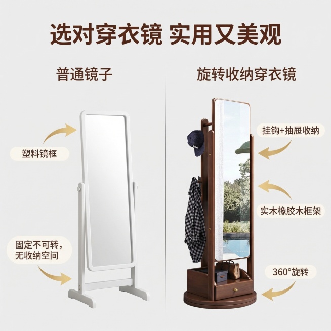 [主图主题] 产品差异化对比展示
[氛围/风格] 清晰直观对比，高级简约风格
[画面元素] 左右对称分屏对比，左侧展示普通固定立镜：无收纳、不可旋转、塑料镜框；右侧展示本产品：可360°旋转、带挂钩抽预览效果