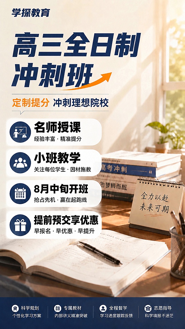 保持海报原有布局和设计风格，放大四个卖点模块："名师授课"、"小班教学"、"8月中旬开班"、"提前预交享优惠"的标题文字，让卖点更加突出醒目，整体比例协调不变，其他文案和元素保持原样。