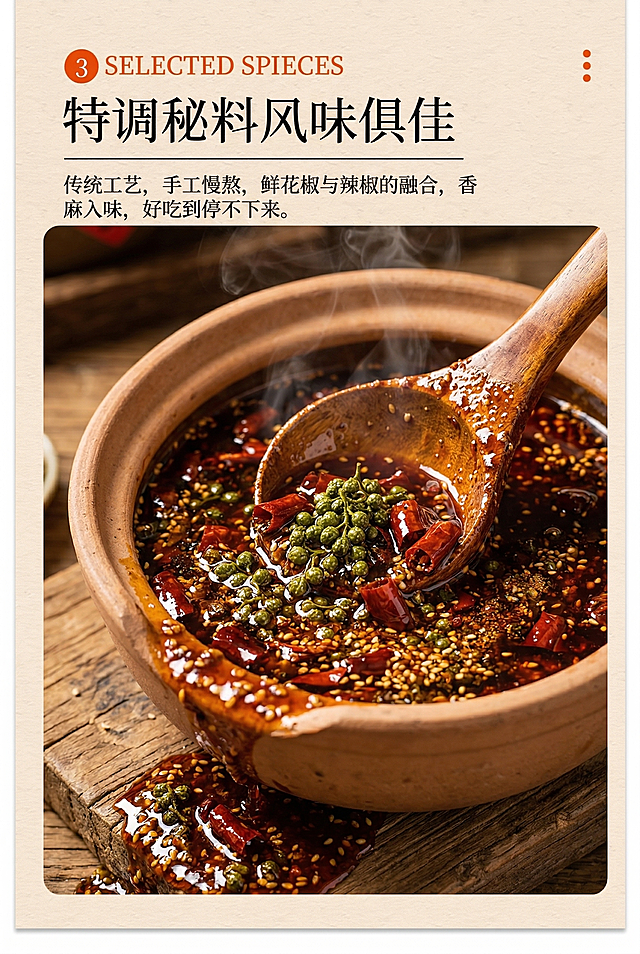 基于参考的原料挑选工艺图，生成第二款同风格详情页，突出手工慢熬、鲜花椒与辣椒融合的工艺特点，文案信息保留，2:3比例，2K分辨率，风格与参考图一致