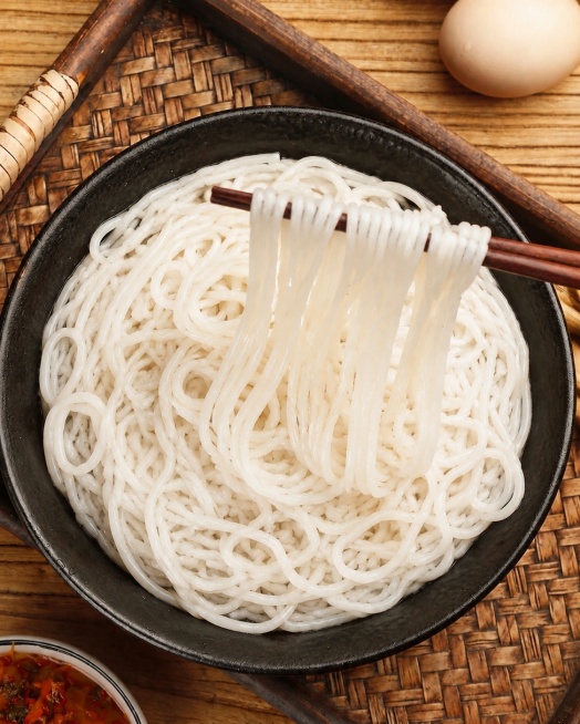 删除米粉里面全部的红绿彩椒蔬菜丁，保持整个米粉纯白，保留原有拍摄角度、托盘、筷子、鸡蛋和整体风格不变，图片自然真实预览效果