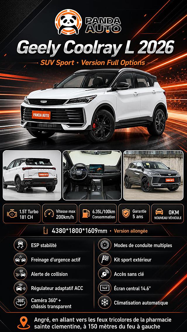 Geely Coolray L 2026 吉利缤越L 2026款运动SUV汽车宣传海报，竖版9:16，高级有质感+炫酷运动风格，PANDA AUTO熊猫汽车经销商海报。画面顶部放置PANDA AUTO熊猫LOGO（橙色圆环+熊猫头像+PANDA AUTO文字，100%还原LOGO样式）。主视觉区：画面中上部为白色黑顶Geely Coolray L 2026整车前侧45度视角（图2白黑双色车型），作为主图占据核心位置，车身运动套件+红色卡钳+黑色轮毂，漆面光泽质感强烈，车牌位置替换为橙色底白色字的"PANDA AUTO"，背景带有炫酷的速度感光轨和橙色运动光效。画面中部采用三张小图卡片式布局：左侧小图展示白色车型车尾视角（图3，四出排气+运动尾翼，车牌位置改为PANDA AUTO），中间小图展示内饰全景（图1，全黑运动内饰+黄色缝线+14.6英寸大屏），右侧小图展示灰色车型前侧视角（图4，灰色运动外观，车牌位置改为PANDA AUTO）。三张细节小图以带圆角细边框的卡片式排列，精致运动。背景为高级炫酷运动风格：深灰到黑色的渐变底色，带有橙色和红色的速度感光轨线条、运动粒子光效、几何切割线条，营造年轻动感的运动SUV氛围，橙色点缀与LOGO和卡钳呼应。主标题大字"Geely Coolray L 2026"位于LOGO下方。副标题"SUV Sport · Version Full Options"。核心亮点标签："1.5T Turbo 181 CH"、"Vitesse max 200km/h"、"6.35L/100km"、"Garantie 5 ans"、"0KM NOUVEAU VÉHICULE"。尺寸参数："4380*1800*1609mm · Version allongée"。配置信息区以图标+短句形式分两列列出："ESP stabilité"、"Freinage d'urgence actif"、"Alerte de collision"、"Régulateur adaptatif ACC"、"Caméra 360° + châssis transparent"、"Modes de conduite multiples"、"Kit sport extérieur"、"Accès sans clé"、"Écran central 14.6""、"Climatisation automatique"。画面底部地址栏："Angré, en allant vers les feux tricolores de la pharmacie sainte clementine, à 150 mètres du feu à gauche"。整体版式精美，多图布局层次分明，主次清晰，深黑配色配白色和橙红色炫酷运动光效，科技感切割装饰线条，商业摄影级高端炫酷画质。画面中所有信息区域必须填充完整合理的内容，不得出现空白框。画面中所有数字必须精确渲染。