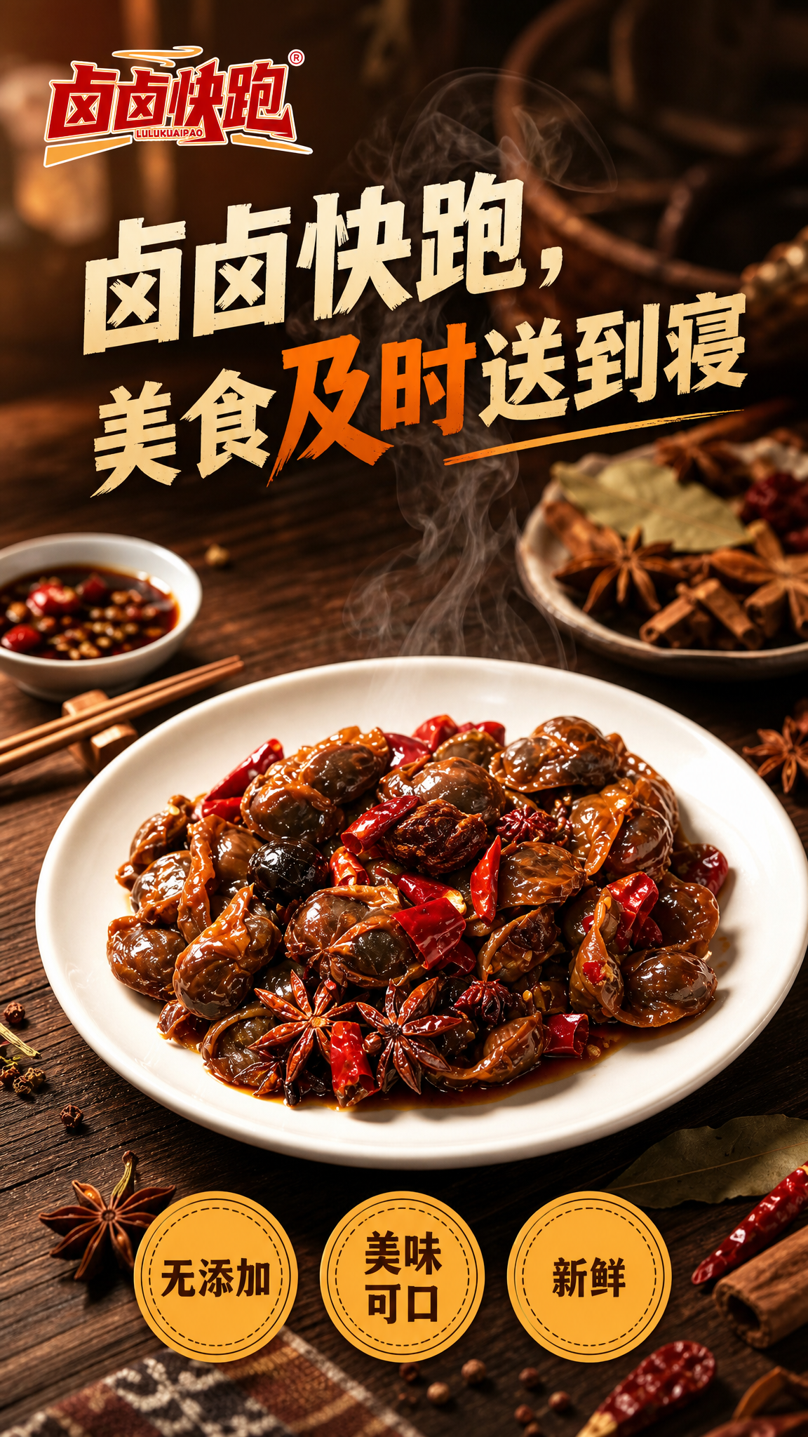 卤味美食宣传海报，场景种草型创意。画面主体是一盘麻辣卤鸭胗，鸭… - 图片创意预览