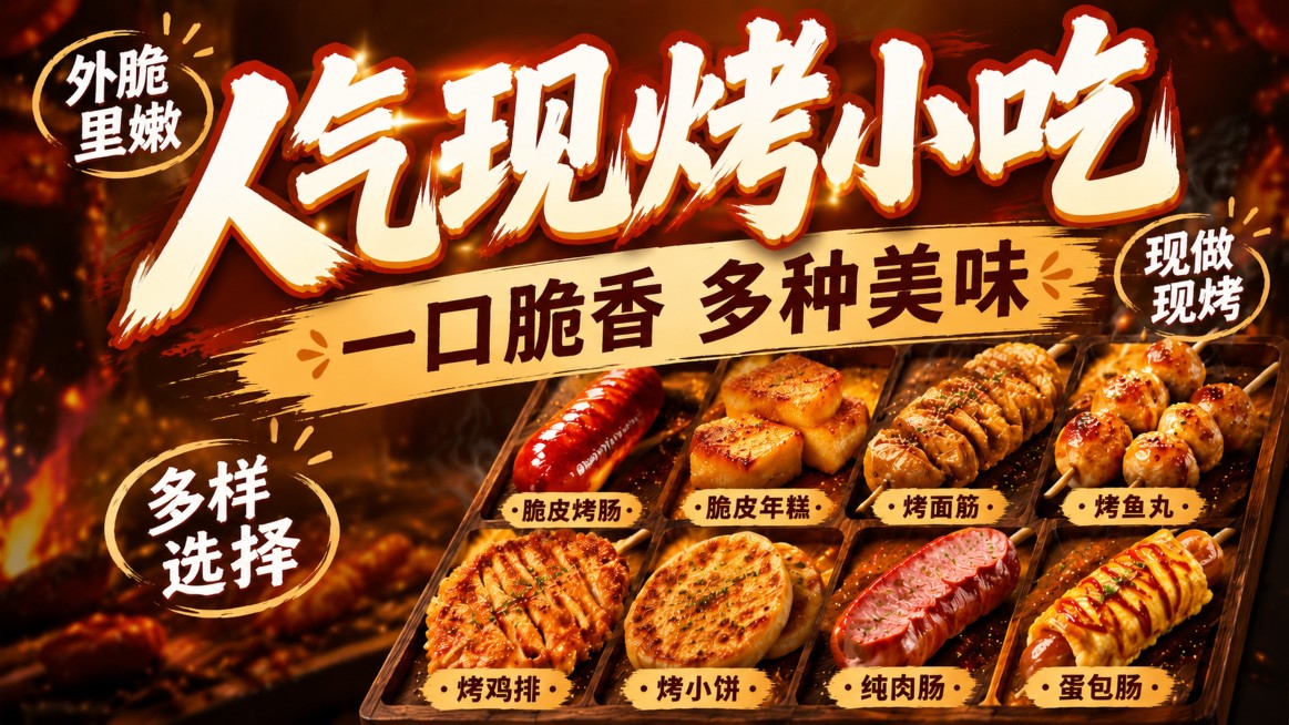 在原图基础上，放大中央主标题和所有文字的字号，保持整体排版不变，依然是横版海报，文字居中，八种小吃图案放在右下角，写实商业摄影暖光烟火风格，放大字体保证清晰醒目预览效果