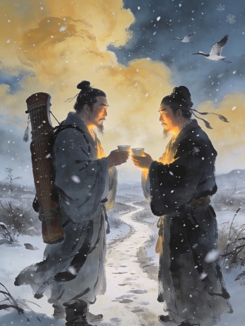 中国唐代风格，冬日荒野送别场景，漫天黄云，北风大雪，两位中年文人站在古道旁对饮告别，一人背琴，一人执杯，神情坚毅而温柔，远处有飞雁，冷色调为主但人物面部有暖光，电影感构图，写实水墨风，高清细节预览效果