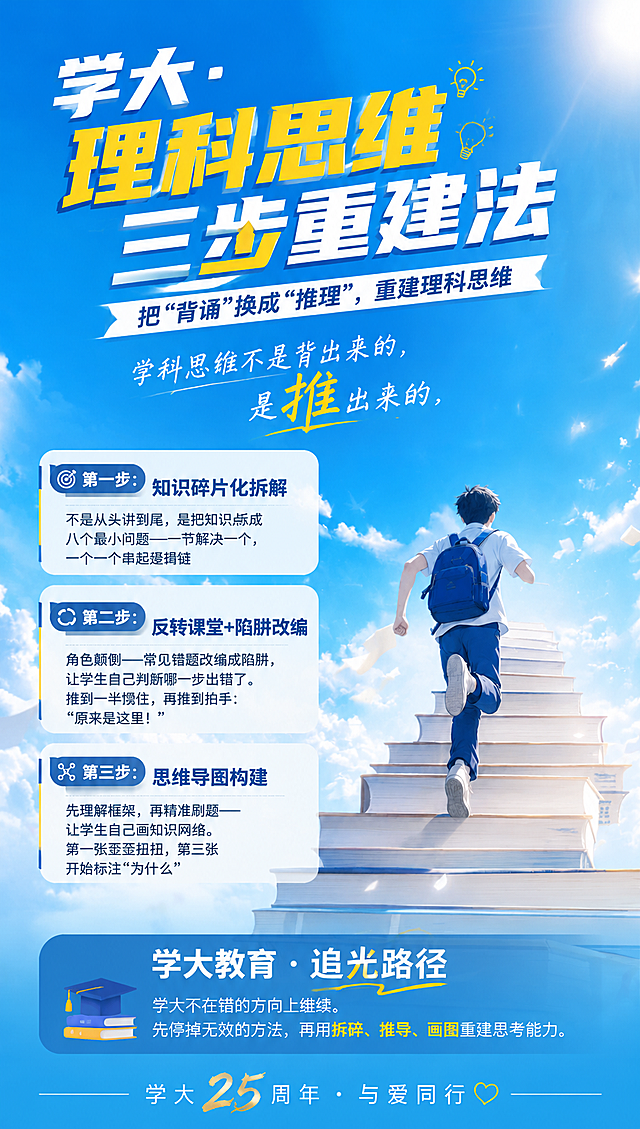在原图基础上，添加文案，主标题："学大·理科思维三步重建法"，副标题："把'背诵'换成'推理'，重建理科思维"，第一步标题："第一步：知识碎片化拆解"，内容："不是从头讲到尾，是把知识点拆成八个最小问题——一节解决一个，一个一个串起逻辑链"，第二步标题："第二步：反转课堂+陷阱改编"，内容："角色颠倒——常见错题改编成陷阱，让学生自己判断哪一步出错了。推到一半愣住，再推到拍手：'原来是这里！'"，第三步标题："第三步：思维导图构建"，内容："先理解框架，再精准刷题——让学生自己画知识网络。第一张歪歪扭扭，第三张开始标注'为什么'"，正文："学科思维不是背出来的，是推出来的"，底部标题："学大教育 · 追光路径"，内容："学大不在错的方向上继续。先停掉无效的方法，再用拆碎、推导、画图重建思考能力。"，落款："学大25周年 · 与爱同行"，要求文字布局合理协调，整体风格高端大气同时活泼有朝气，保留原图中背着蓝色书包的男孩沿着书本阶梯跑向蓝天白云的内容