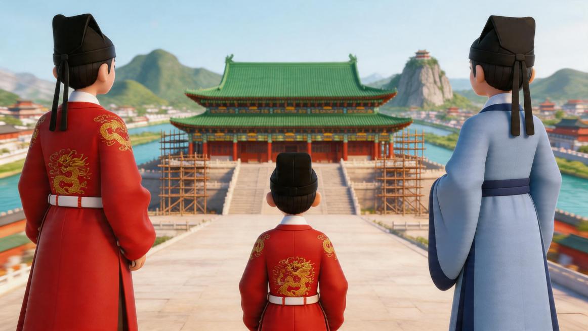 3D动画电影风格，第一人称无人机视角，从图1的45度斜俯视靖江王府总览地图出发，沿中轴线向南高速移动，高度逐渐下降，两侧建筑中轴线产生动感模糊效果，到达承运殿正前方时镜头转向正面，向承运殿拉近，朱守谦预览效果