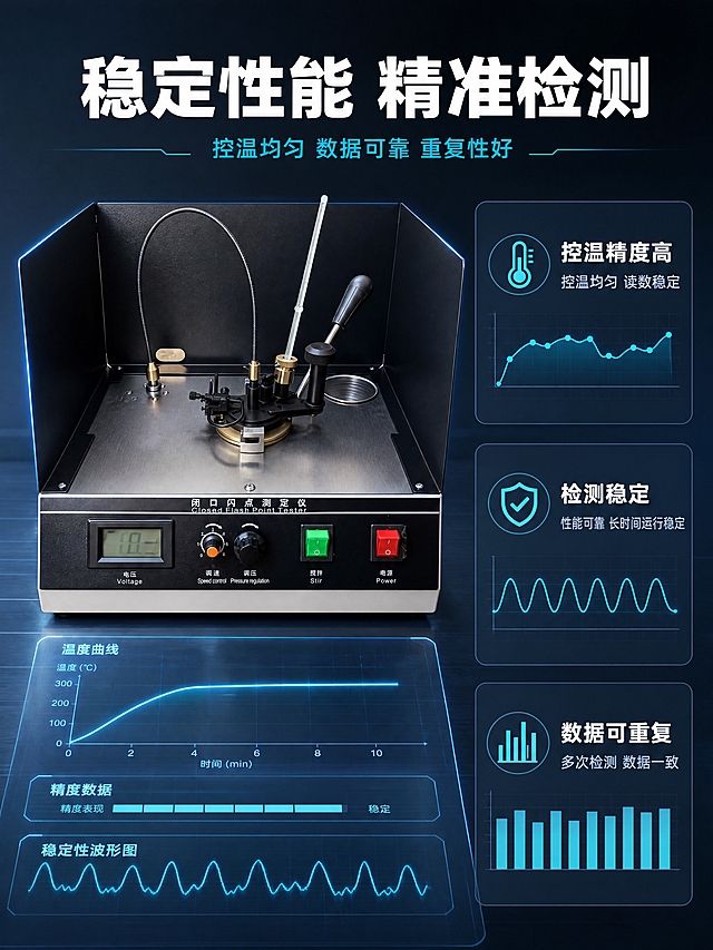 [商品] 使用【图1】闭口闪点测定仪；保留全部结构、颜色、材质与面板文字，产品外观完全一致。
[画面] 目标为性能与测试证明，强化专业可靠性。左右结构，左侧约50%为产品主体+数据可视化图表，右侧约50%为性能说明卡片。闭口闪点测定仪位于左侧中心，占画面约40%，正面角度。仪器前方有半透明数据可视化元素：温度曲线图表、精度数据条、稳定性波形图，营造科技数据感。右侧竖排3个性能测试卡片：控温精度表现、检测稳定性、数据重复性，每个卡片有数据图标+说明文字。
[视觉] 套系策略：风格=专业工业科技风 商业摄影质感；标题字=无衬线粗体工业字体；正文字=简洁无衬线体；主色=深灰蓝；背景延展=基于深灰蓝做深浅渐变、同色系层次、数据网格底纹；强调色=科技青蓝色，仅用于数据曲线、图标和高亮；标题色=纯白色；正文色=浅灰蓝色；组件=深灰圆角性能卡、数据图表、细线图标；光影=主光均匀，仪器有科技感蓝光轮廓，数据元素发光效果柔和。
[文字] 顶部主标题「稳定性能 精准检测」白色粗体大字，副标题「控温均匀 数据可靠 重复性好」科技青蓝色小字；右侧3个性能卡标题：控温精度高、检测稳定、数据可重复；每个卡片配一行说明文字，用保守表达如「控温均匀 读数稳定」「多次检测 数据一致」等，不虚构具体数值。
[规格] 图片比例3:4竖版，4K，避免变形、错字、文字过小、虚构精确数据、绝对化用语、平台Logo、水印。