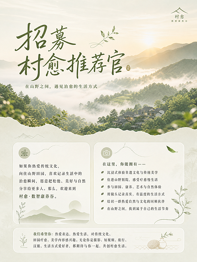 重新设计3:4竖版村愈推荐官招募海报，风格清新自然，背景换为清晨山谷云雾场景，主标题改为“招募村愈推荐官🌿”，排版为上下结构，上方大标题，下方分块展示能获得的体验和招募要求，整体和示例图片不同设计，保留治愈松弛氛围，文案保留：如果你热爱传统文化，向往山野田园，喜欢记录生活中的治愈瞬间，愿意把松弛、美好与自然分享给更多人。那么，欢迎来到村愈·数智康养谷。在这里，你能拥有—— • 沉浸式体验非遗文化与传统美学 • 住进山野别院，感受疗愈慢生活 • 参与田园、康养、艺术与自然体验 • 用镜头记录真实、有温度的生活方式 • 结识一群热爱自然与文化的同频伙伴 • 在山野之间，找到属于自己的生活节奏 我们希望你：热爱表达，热爱生活，对传统文化、田园疗愈、美学内容感兴趣。无论你是摄影、短视频、旅行、汉服、生活方式爱好者，都期待与你一起，共创村愈生活。