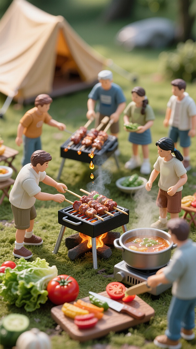 微缩艺术风的卡通烧烤场景，清新自然，人物生动，营造温馨野餐氛围。